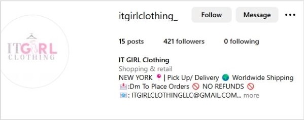 Instagram profile of IT GIRL Clothing showcasing a simple and memorable social handle.