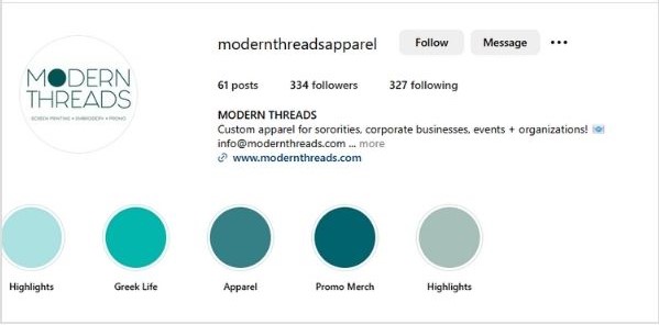 Instagram profile of Modern Threads showcasing a handle aligned with its brand identity.