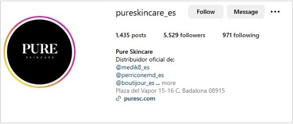 Instagram profile of Pure Skincare with a concise and easy-to-remember handle.