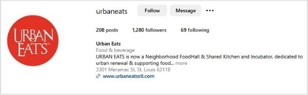 Instagram profile of Urban Eats showcasing a simple and adaptable handle, @UrbanEats.