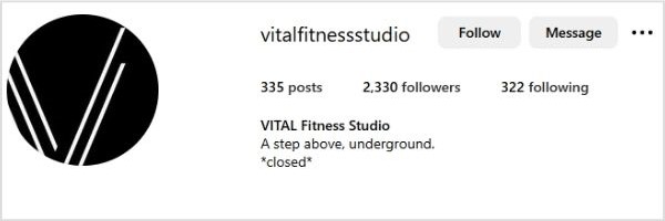 Instagram profile of Vital Fitness Studio with a distinctive and industry-aligned handle.