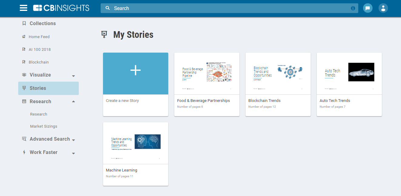 CB Insights dashboard showing the saved trend reports feature