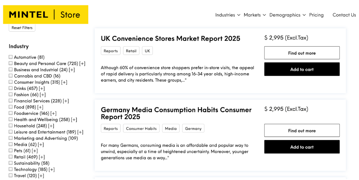 Mintel store interface showing consumer market reports for purchase, including pricing and topic filters.