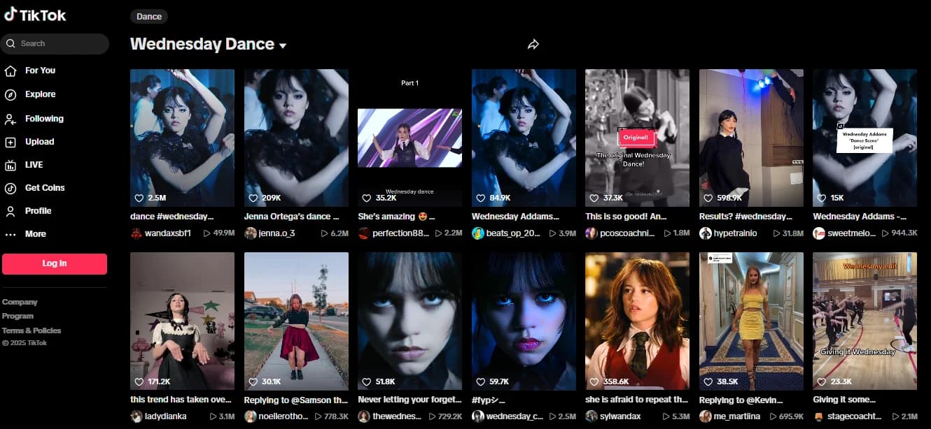 Multiple TikTok thumbnails show viral videos from the popular Wednesday Addams dance trend.