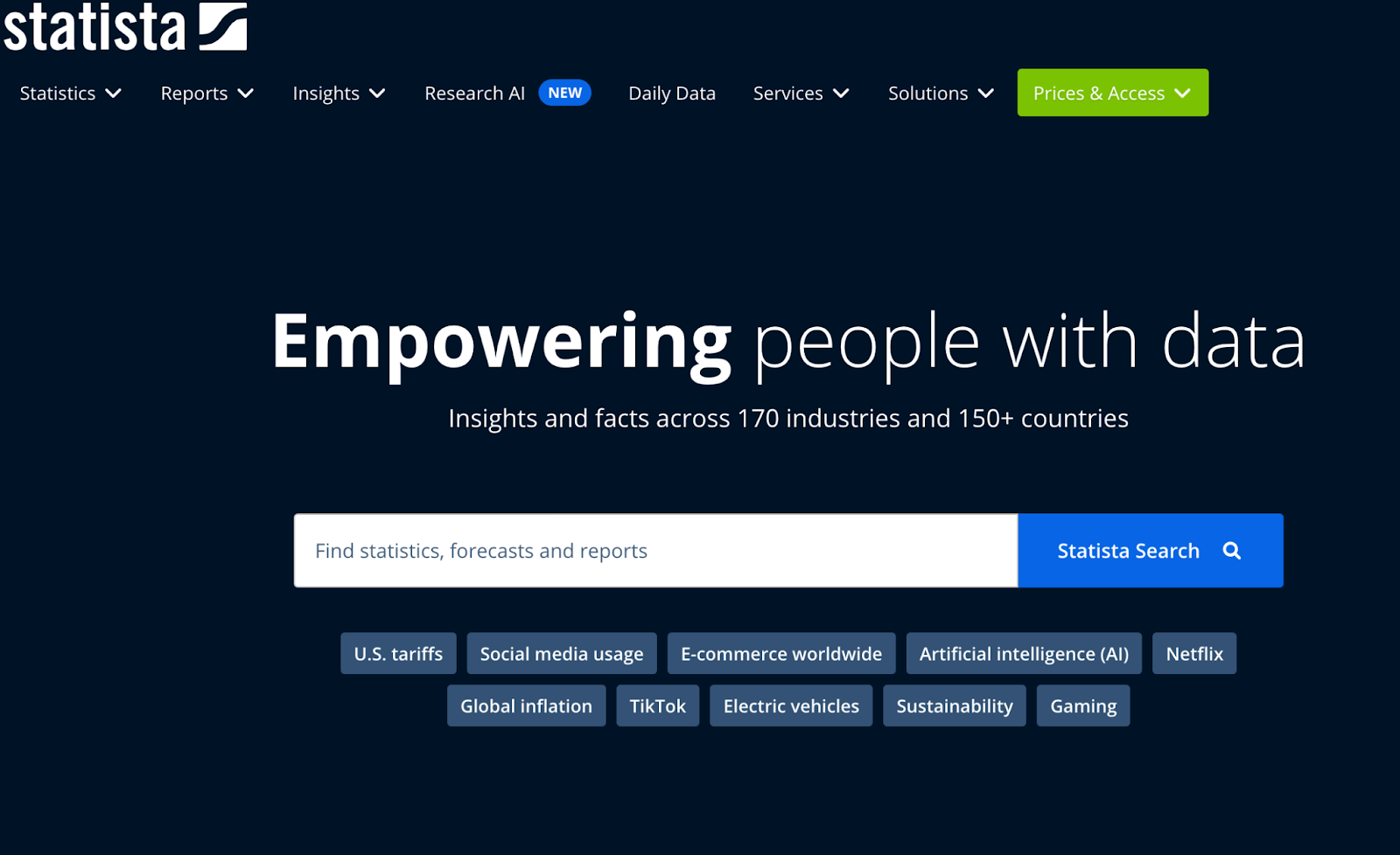 Statista homepage with search bar and trending topic buttons for finding statistics, forecasts, and reports.