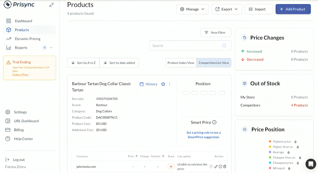 Prisync dashboard showing product pricing details, stock status, and competitor availability alerts.