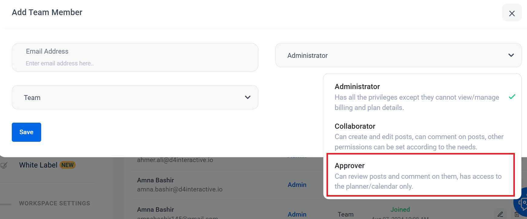 ContentStudio interface showing customizable roles and permissions for secure, role-based access management.