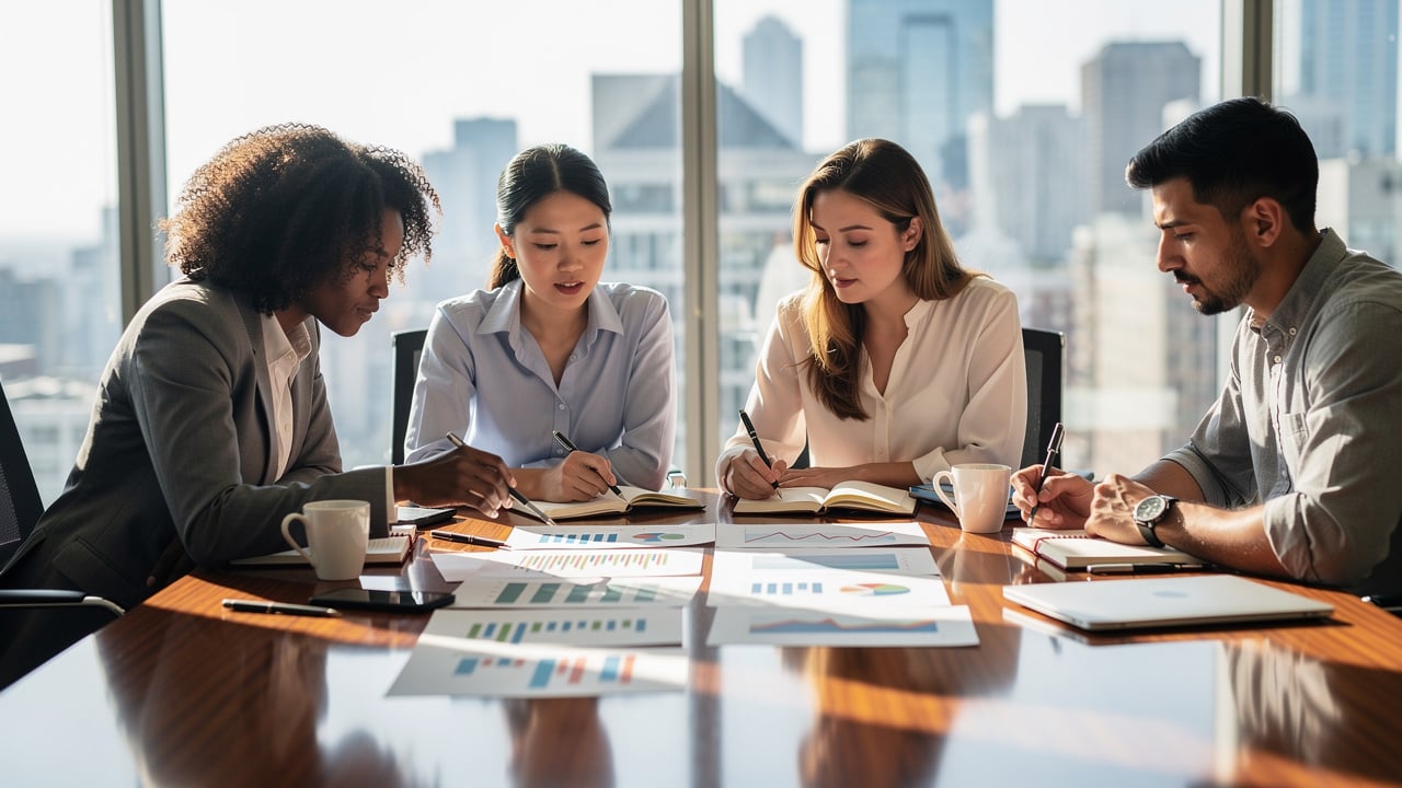 marketing professional analyzing performance report together