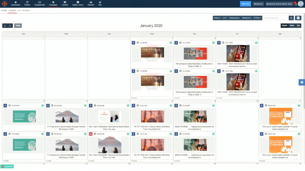 MavSocial interface showing campaign calendar, content curation tools, and sentiment analysis dashboard.