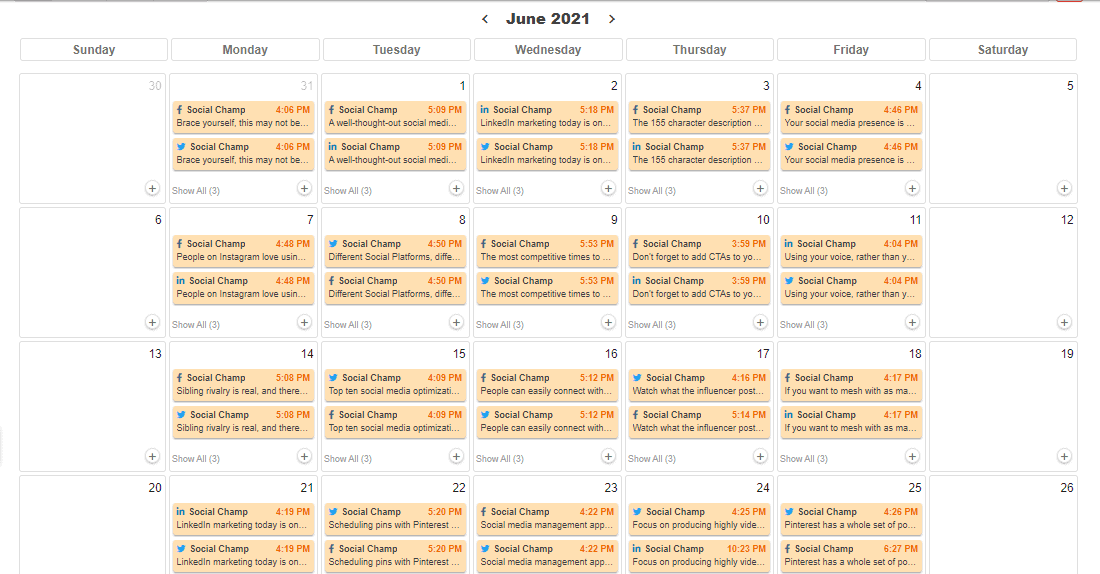 Social Champ dashboard highlighting AI-driven content ideation and drag-and-drop scheduling calendar.