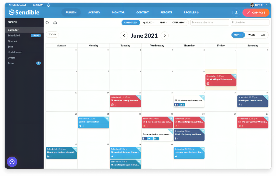 Sendible interface with bulk scheduling, unified inbox, and customizable white-label dashboard for branding