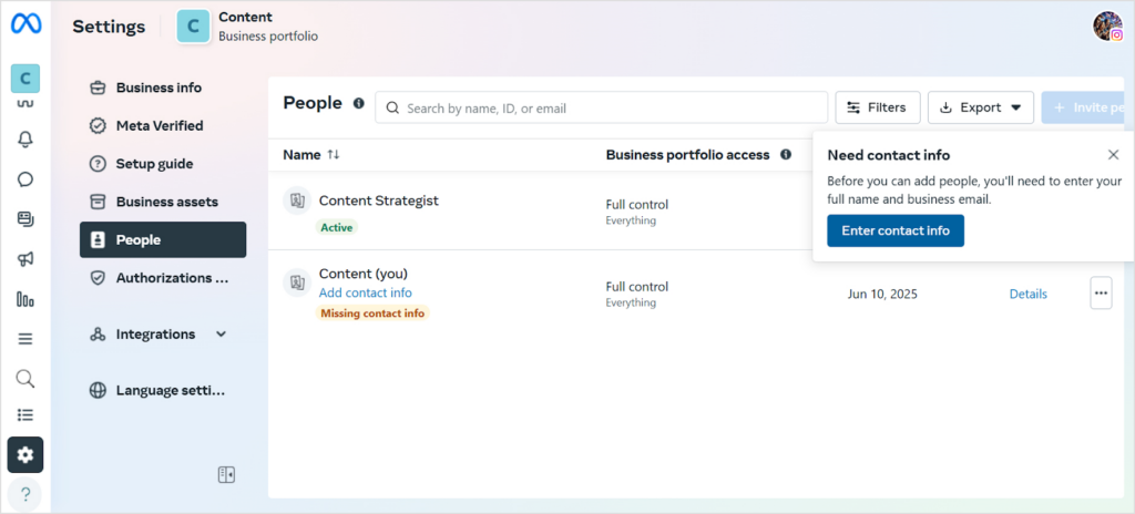 add people on meta business suite