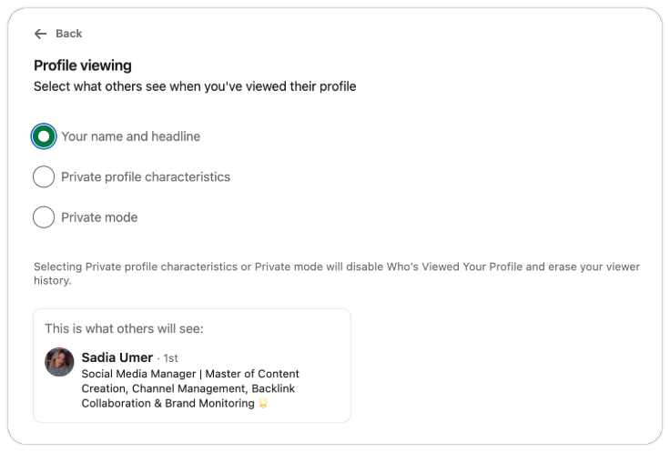 profile view setting on LinkedIn