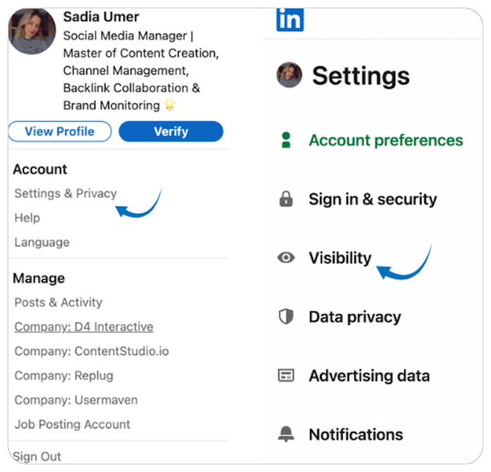 setting up visiblity of linkedIn profile