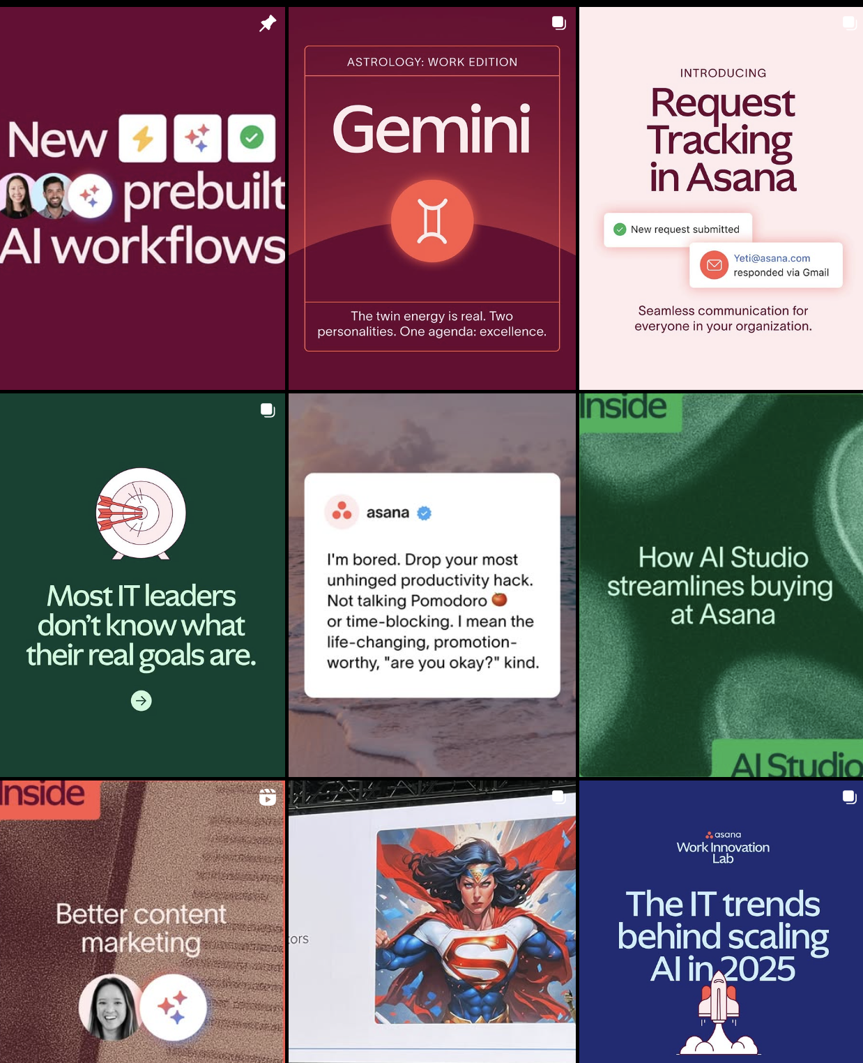  Asana's Instagram grid showing posts from defined content pillars like product, trends, and community.