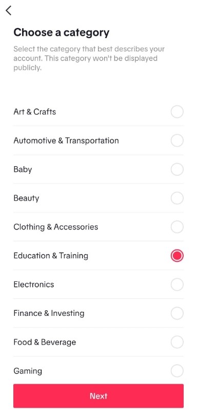 Select an account category