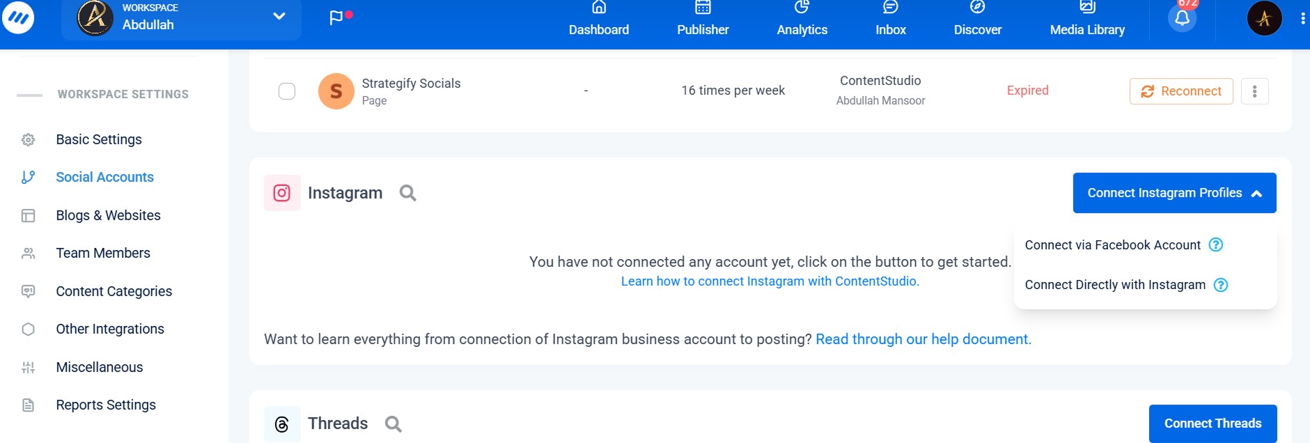 Connect socials to Content Studio