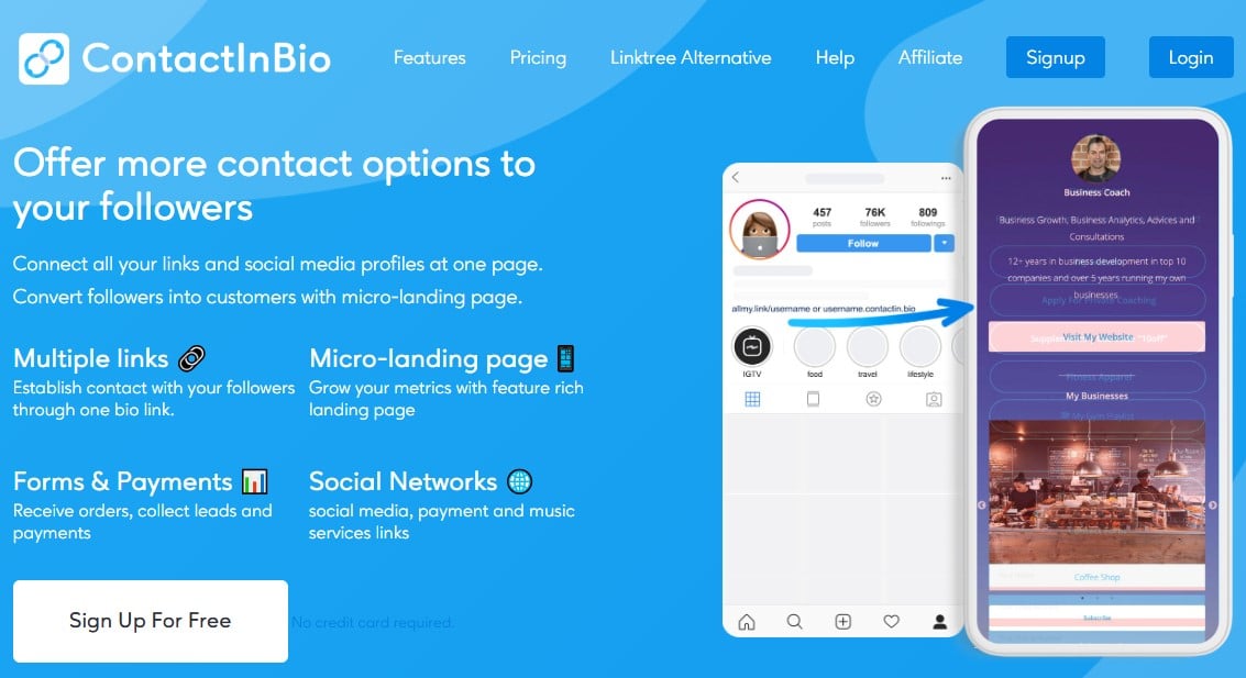 ContactInBio webiste landing page