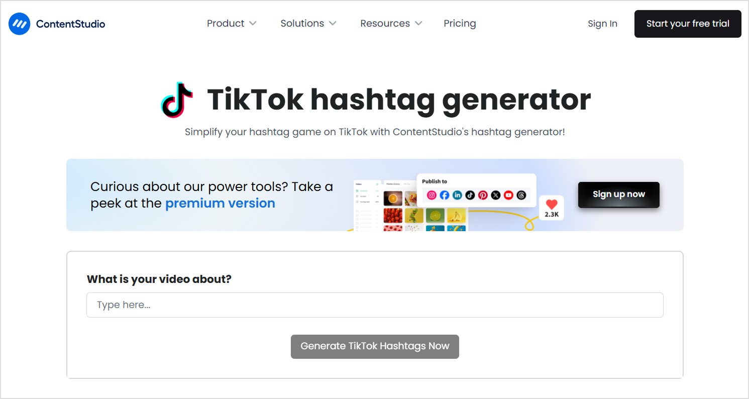 Content Studio TikTok hashtag generator
