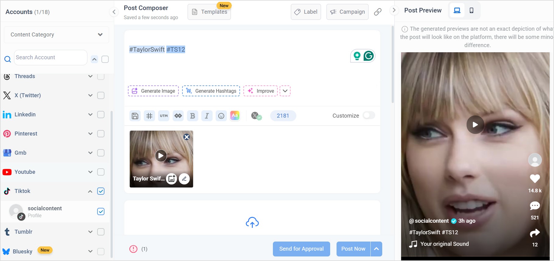 Content Studio TikTok scheduler dashboard
