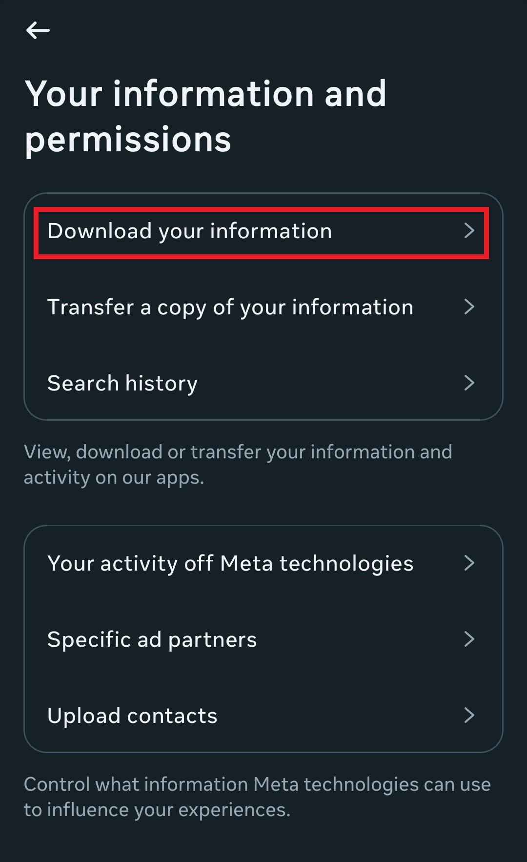 Select download your information to recover deleted instagram messages