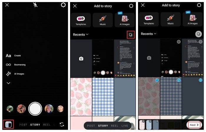 How to post multiple pictures on Instagram Story separately: steps 3-5