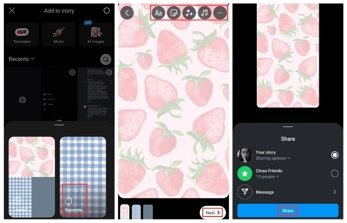 How to post multiple pictures on Instagram Story separately: steps 7-9