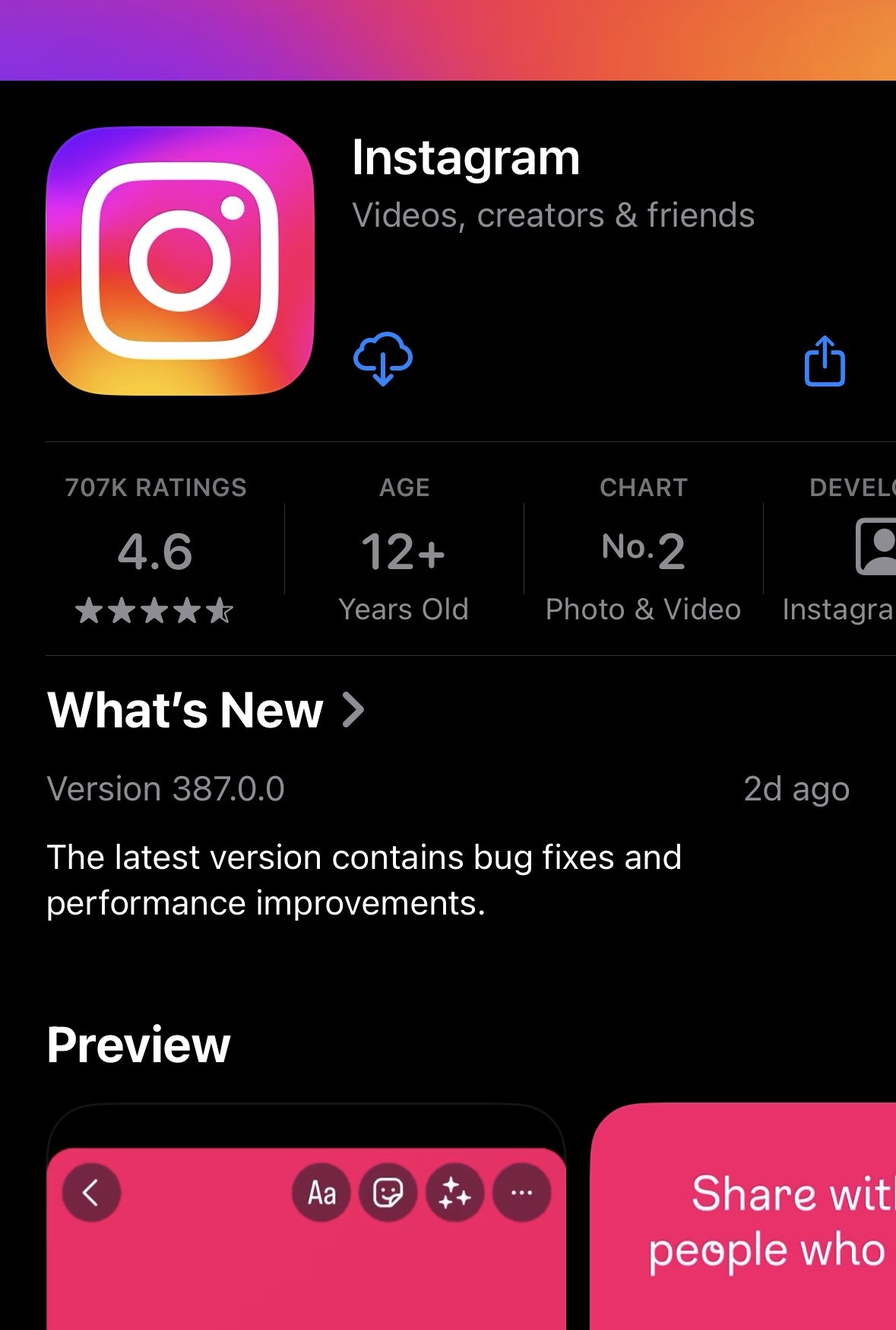 Instagram download preview in iOS app store