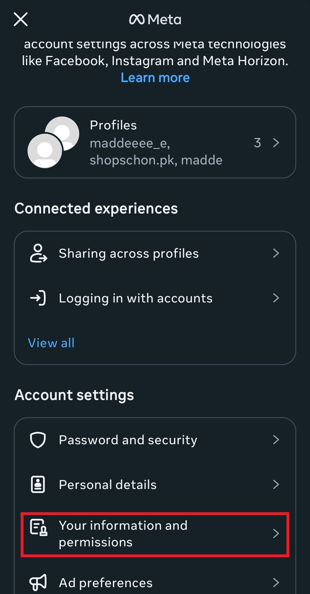 Instagram information and permission settings