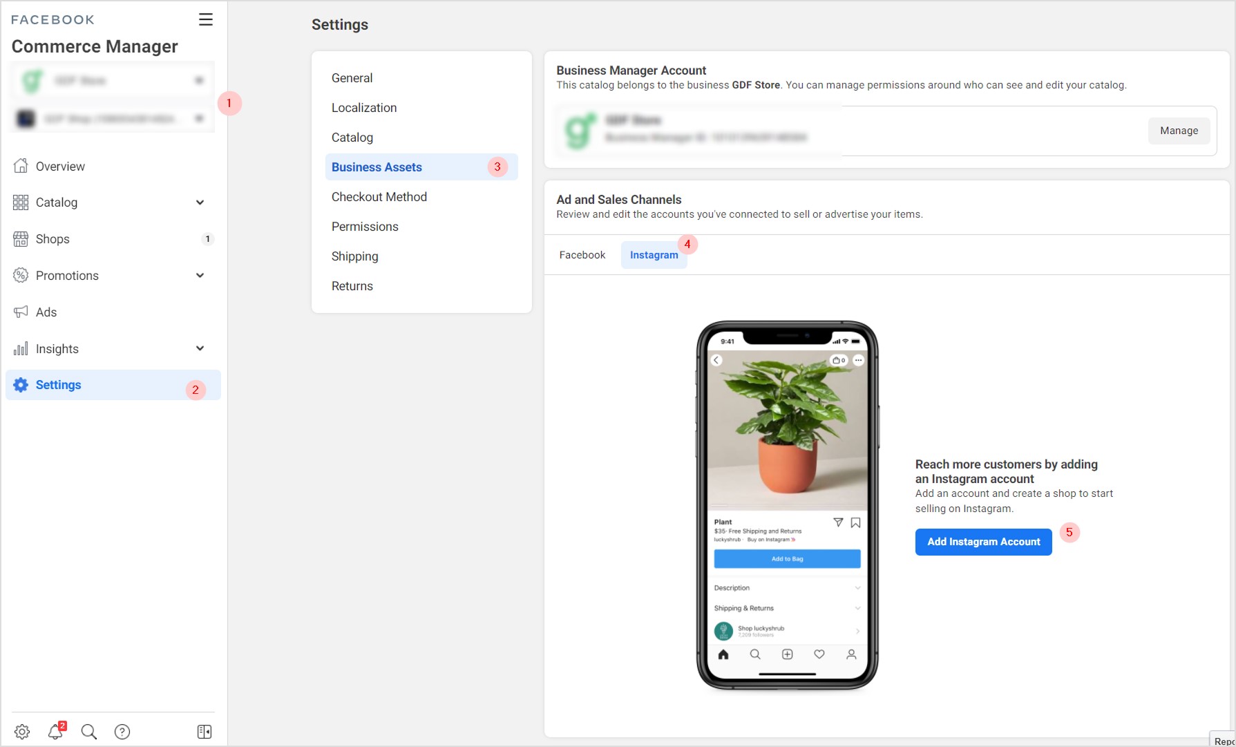 Instagram shopping set-up dashboard