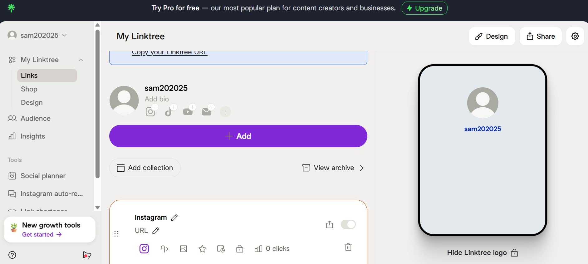Linktree dashboard
