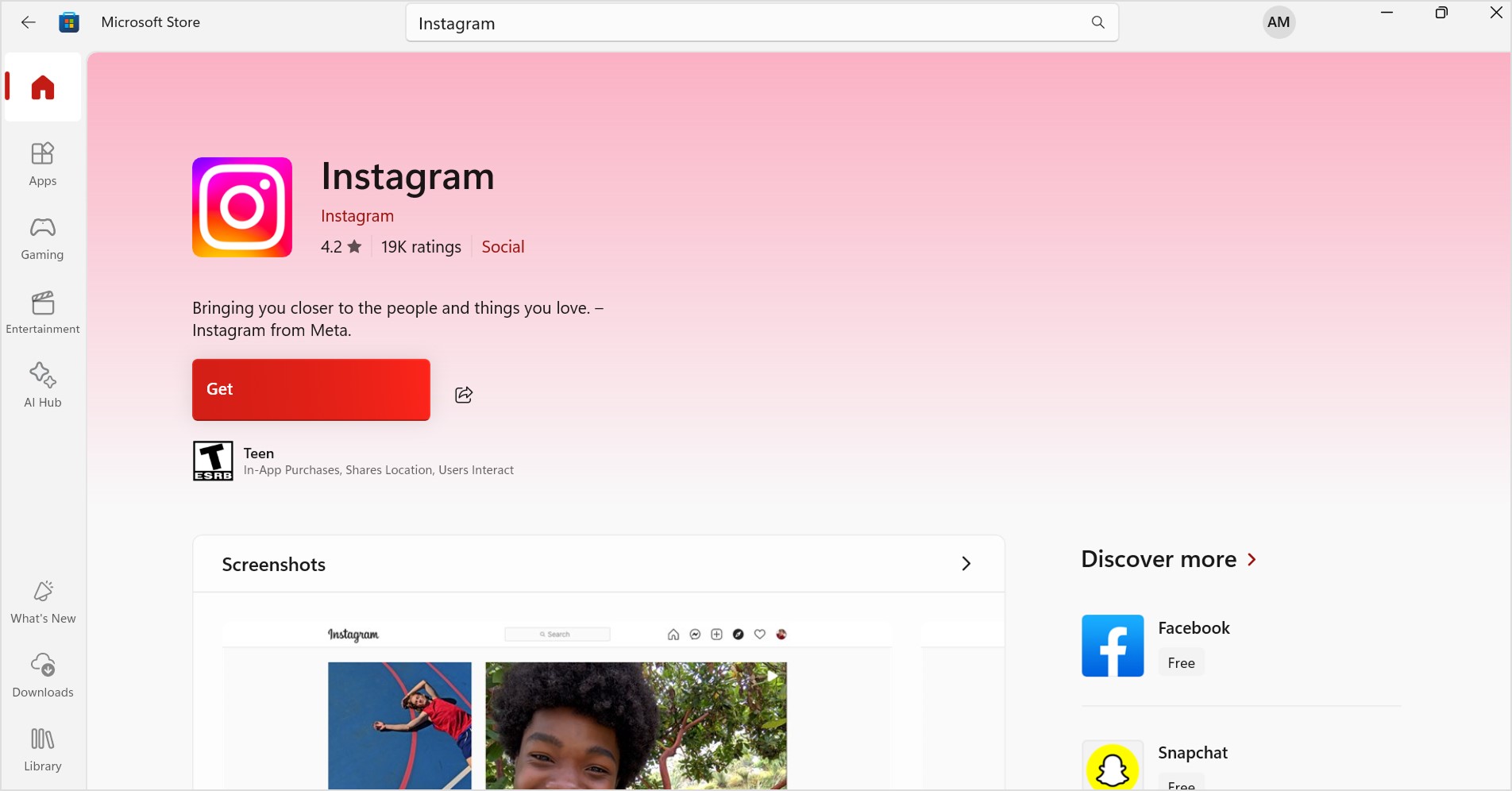 Microsoft app store Instagram download preview