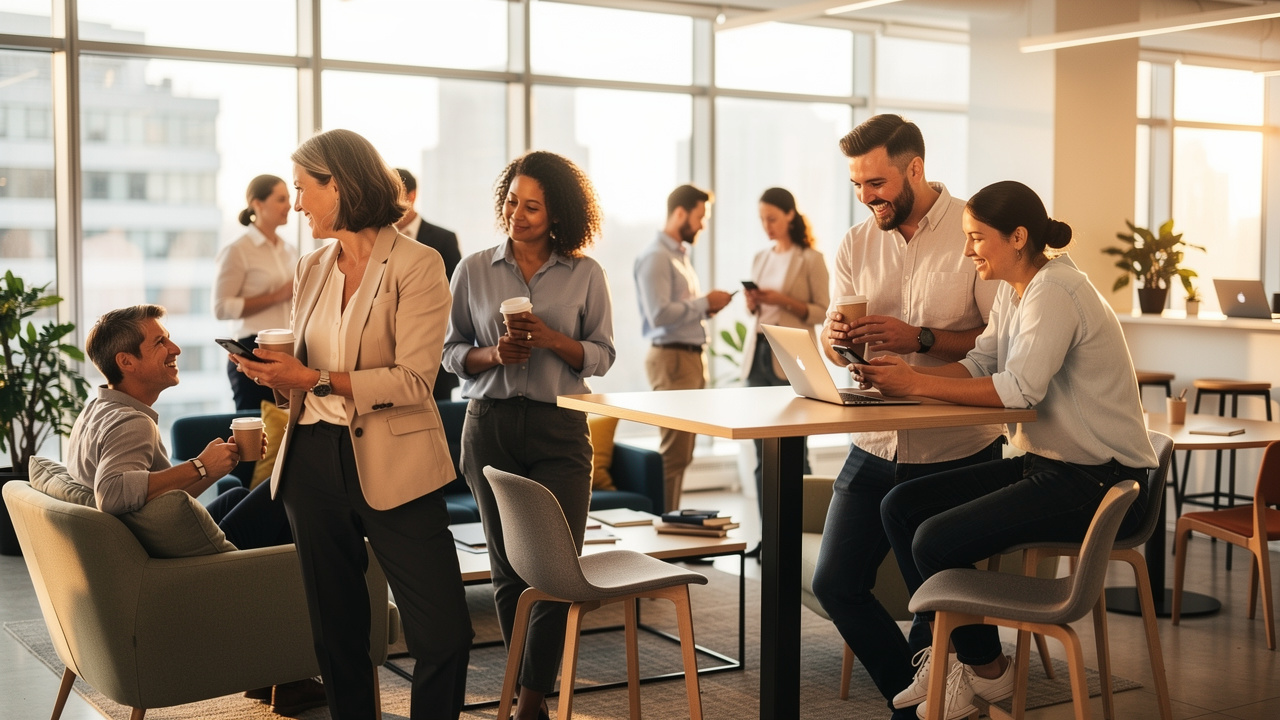 Office workers checking social media during work time.