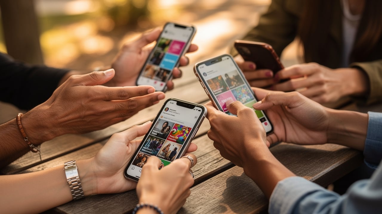 people viewing social media content on mobile phone