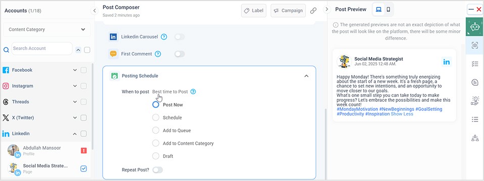 Posting schedule section preview