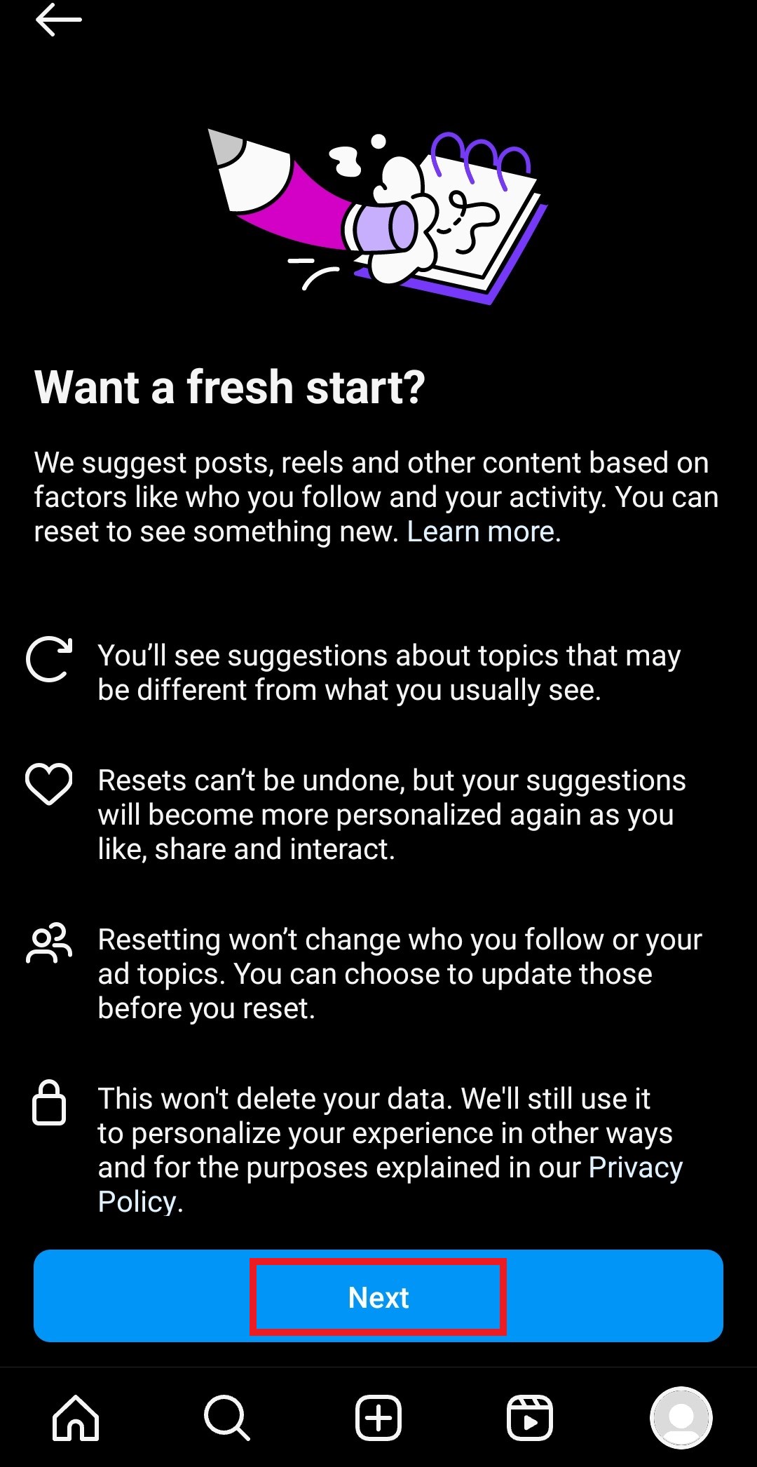 Reset algorithm setting information preview