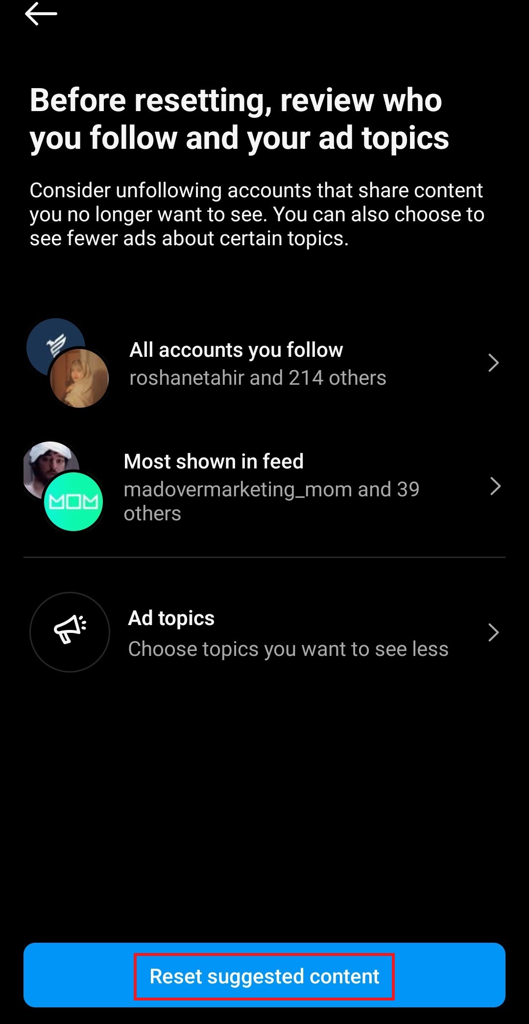 Review reset algorithm settings and confirm