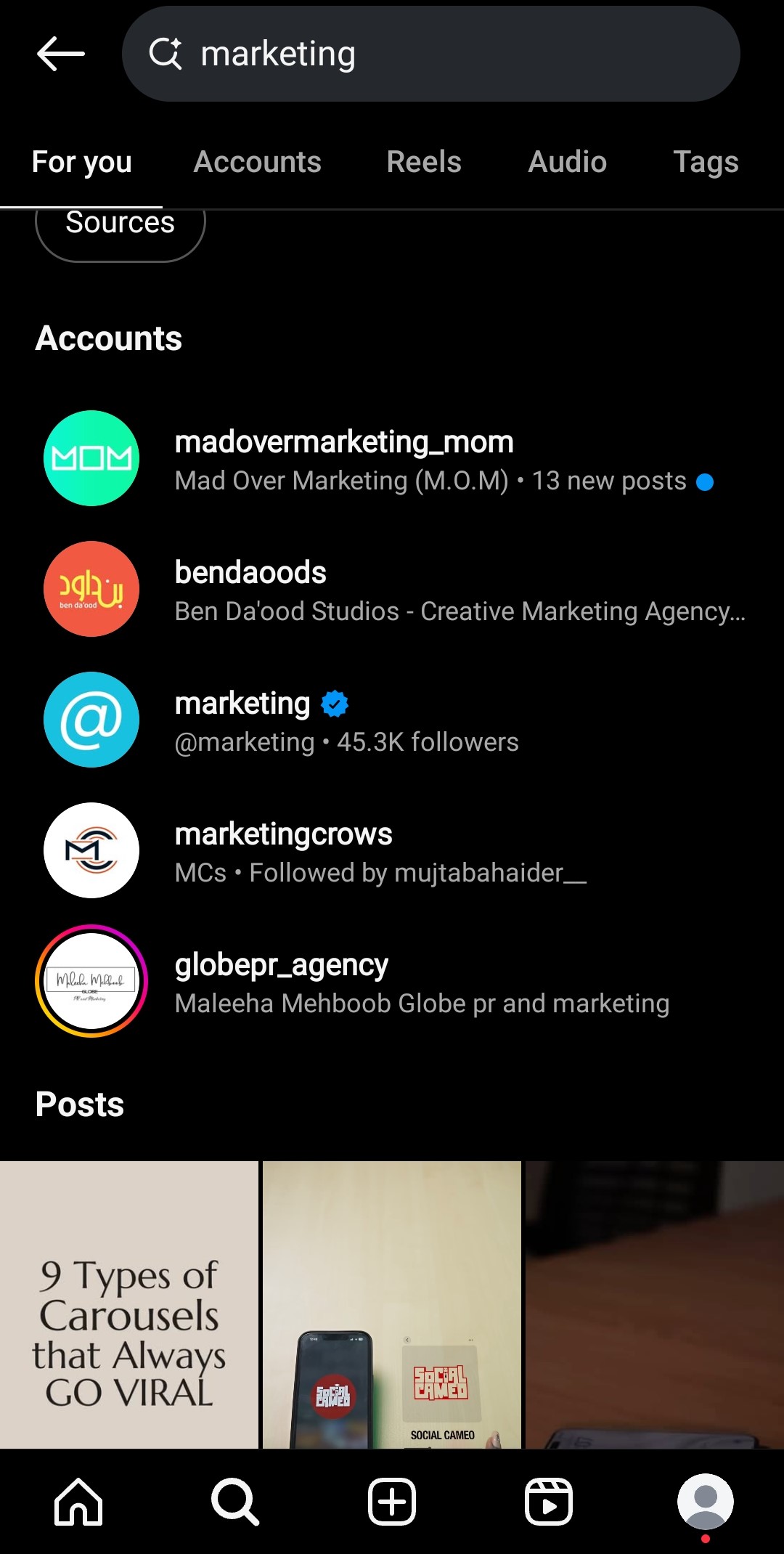 Search for accounts on Instagram
