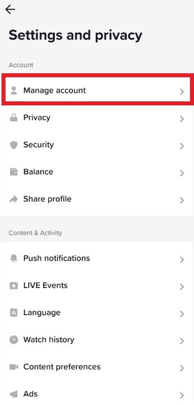 Settings and privacy menu