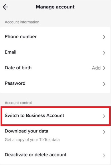Select switch to business account