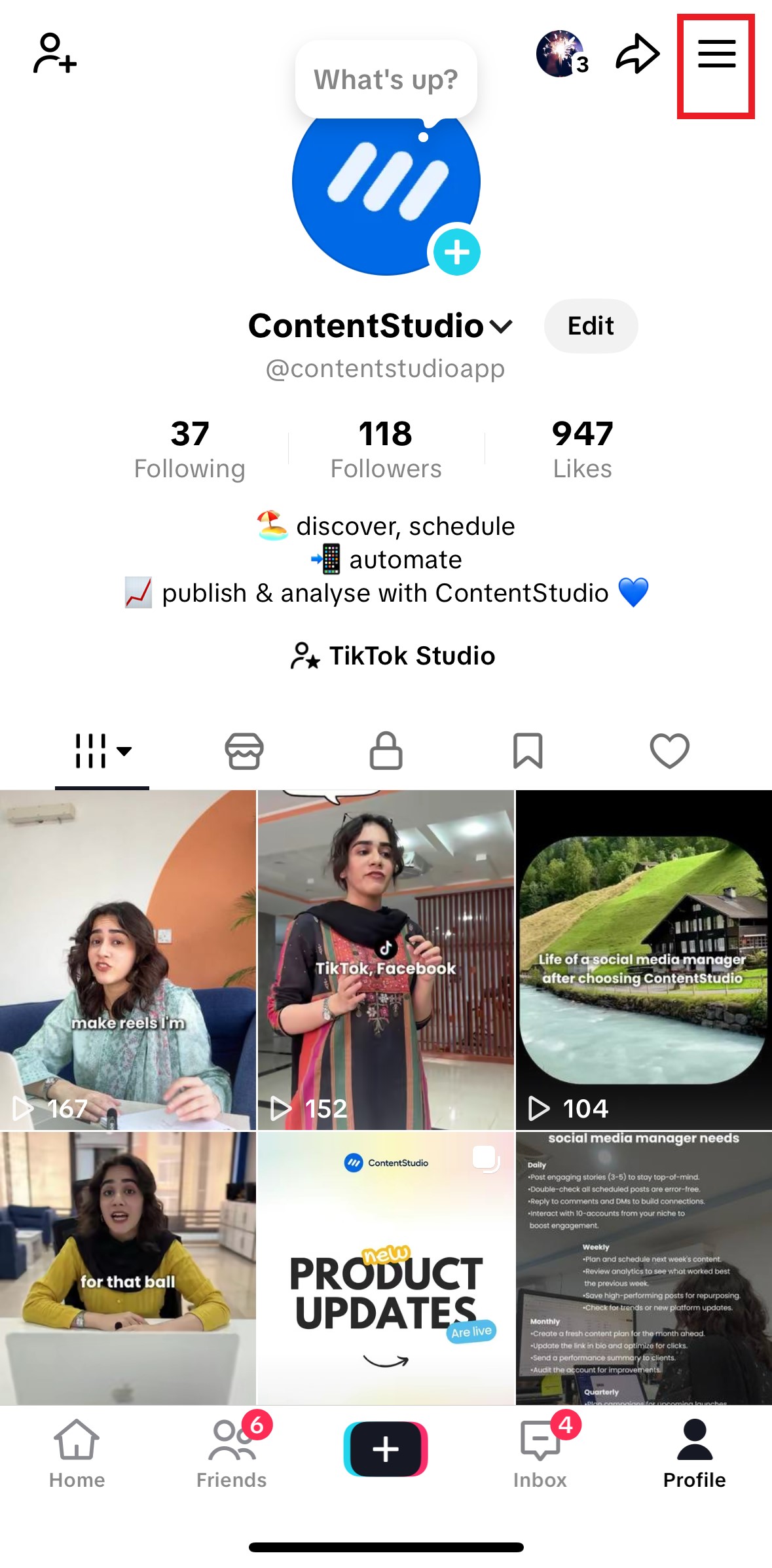 TikTok account menu