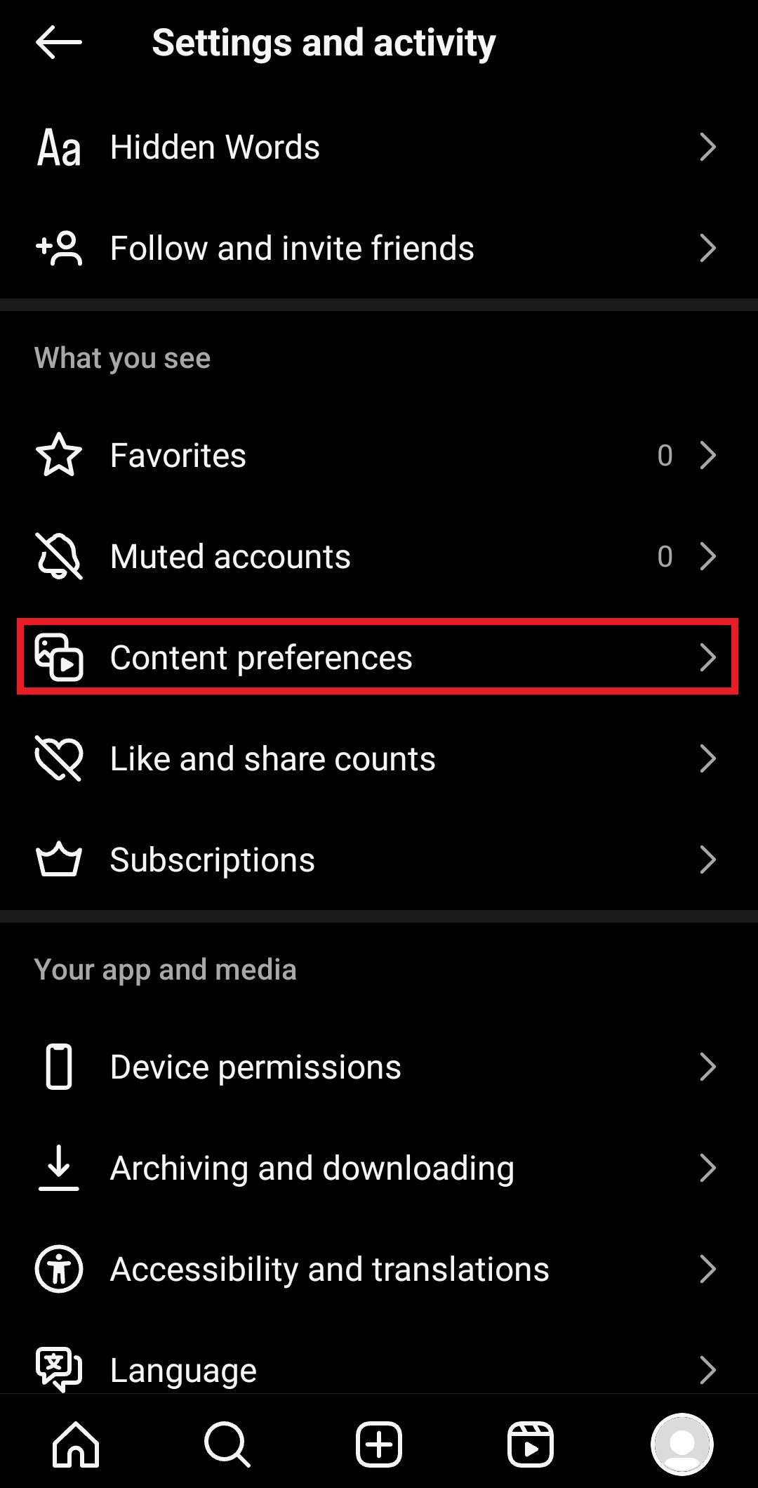 Scroll down to content preferences