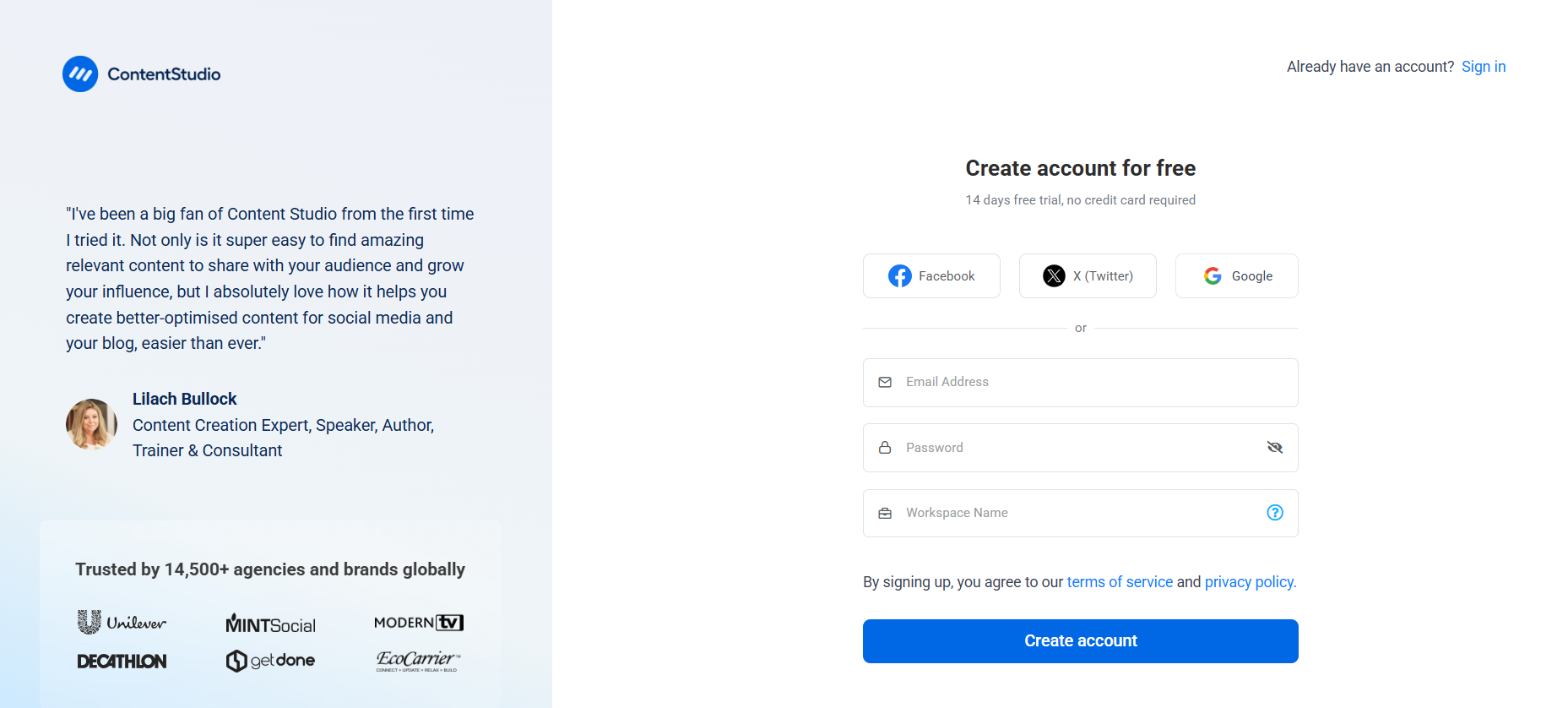 sign-up with ContentStudio