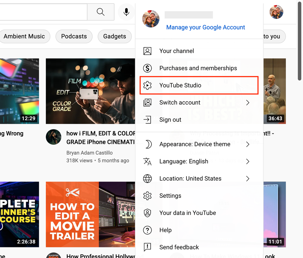 access Youtube studio for your channel
