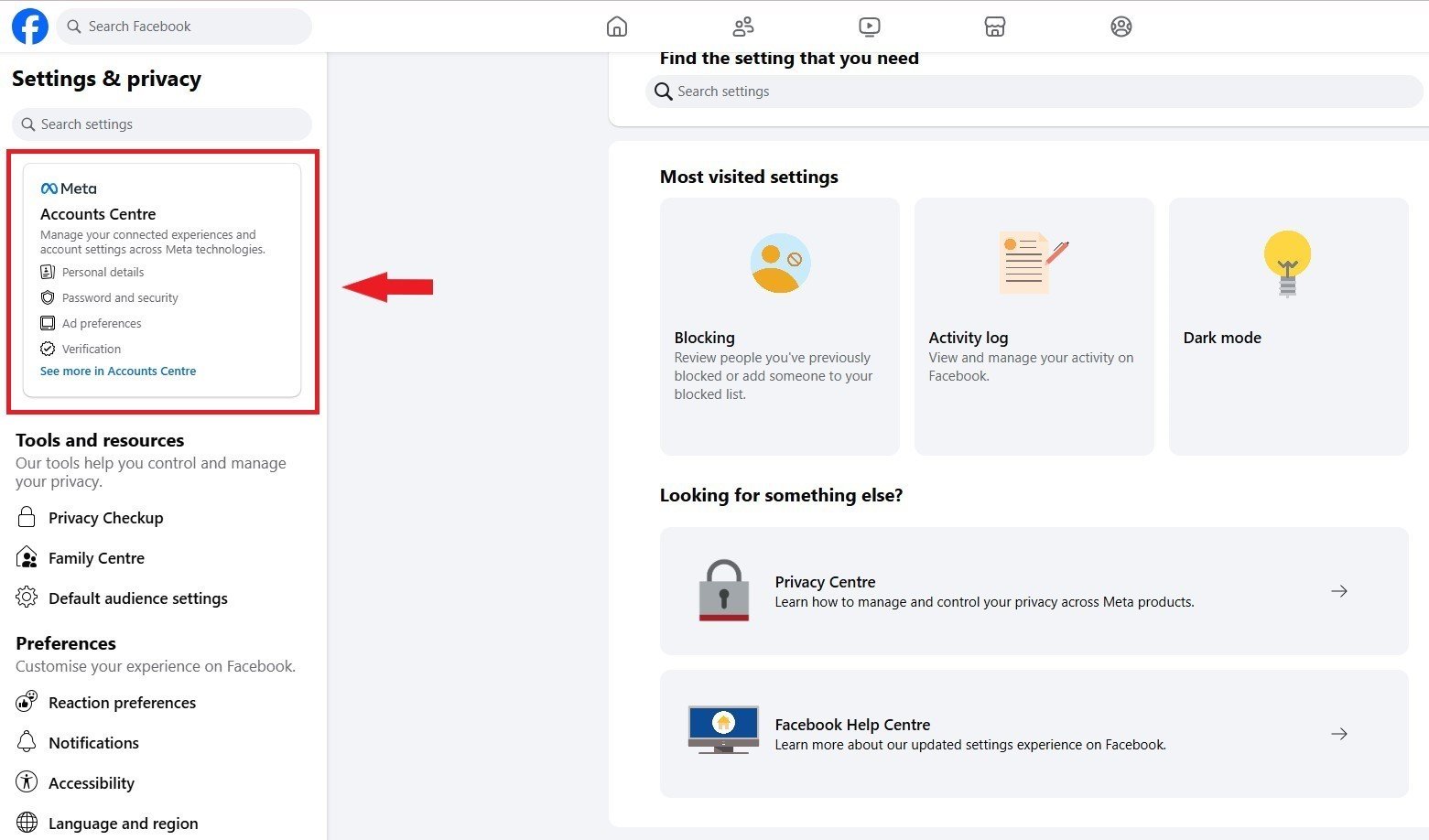 Facebook accounts center navigation