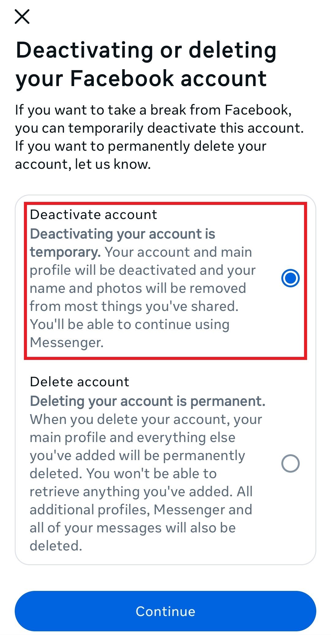 Deactivate Facebook account
