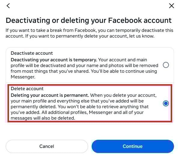 Delete Facebook account