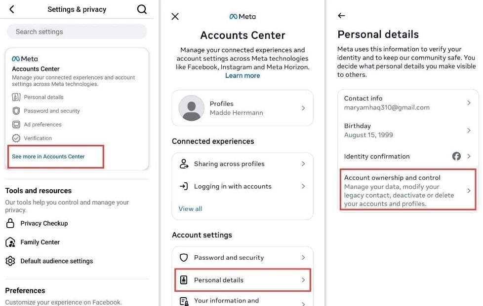 Facebook account deletion steps 3-4