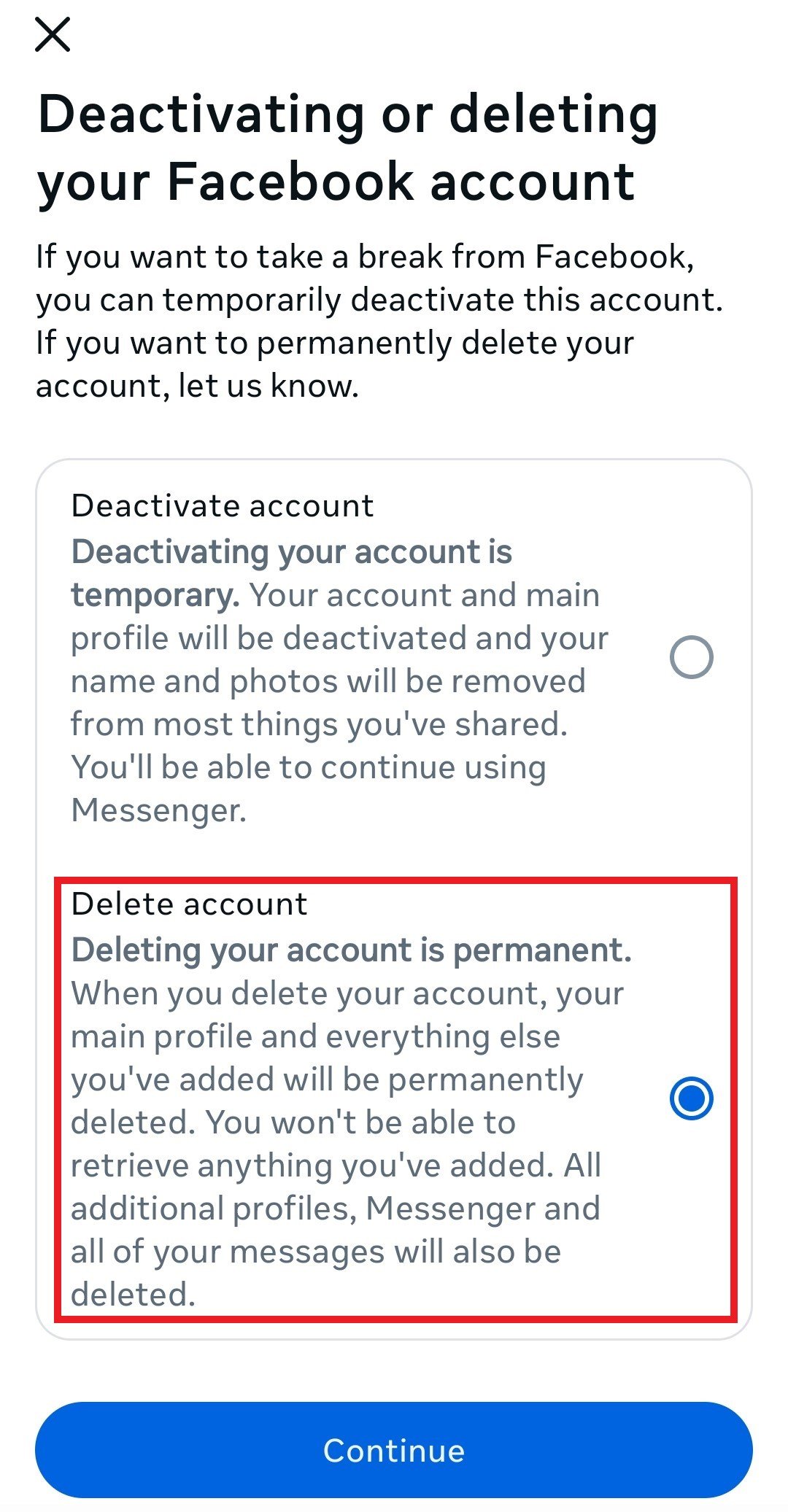 Facebook account deletion