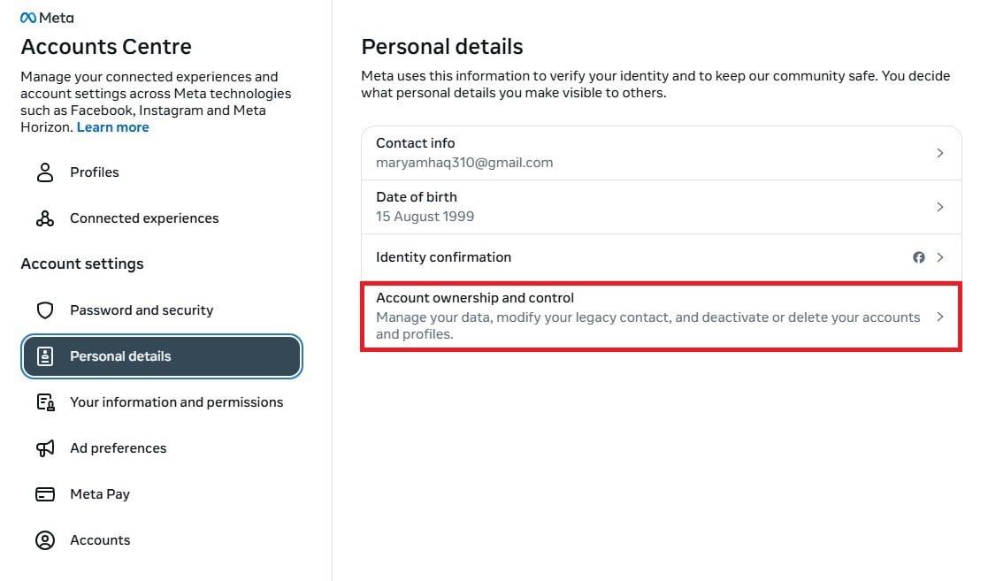 Facebook account ownership and control settings